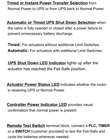 Timed or Instant Power Transfer Selection from Normal Power to UPS or from UPS back to Normal Power.   Automatic or Timed UPS Shut Down Selection when the valve is fully opened or closed after a power failure to prevent unnecessary battery discharge.   	Timed: For actuators without additional Limit Switches.	   	Automatic: For actuators with additional Limit Switches..    UPS Shut Down LED Indicator lights up after the actuator has reached the Fail-Safe position.   Actuator Power Status LED indicates whether the motor is receiving UPS or Normal Power.   Controller Power Indicator LED provides visual confirmation that normal power is present.    Remote Test Switch terminal block, connect a PLC, TIMER or a SWITCH (customer provided) to test the Fail-Safe and cycle the batteries whenever needed.